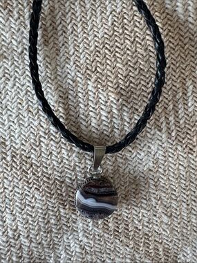 Black Braided Cord Necklace with Agate Pendant